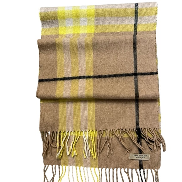 BURBERRY London Rare Tan Yellow & Black Plaid 100% Cashmere Fringed Scarf - Picture 1 of 5